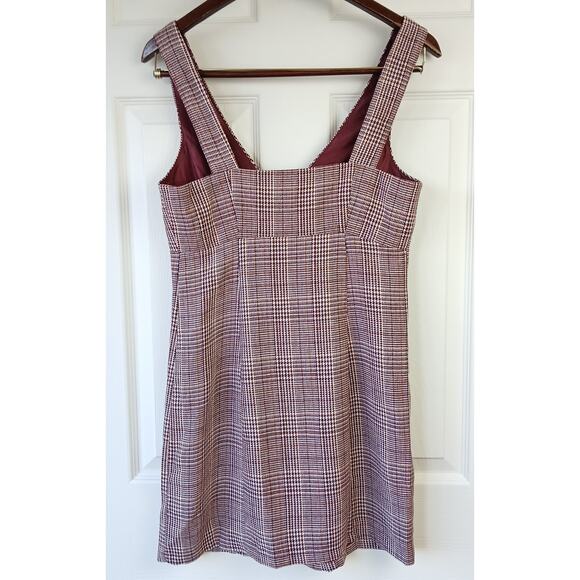Forever 21 zip-up jumper bodycon dress M woven burgundy cream houndstooth tweed - Picture 2 of 10